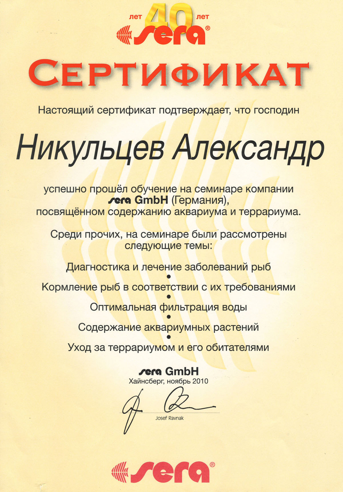 Сертификат о прохождении обучения на лекциях додктора Дитера Унтергассера (2010 г)